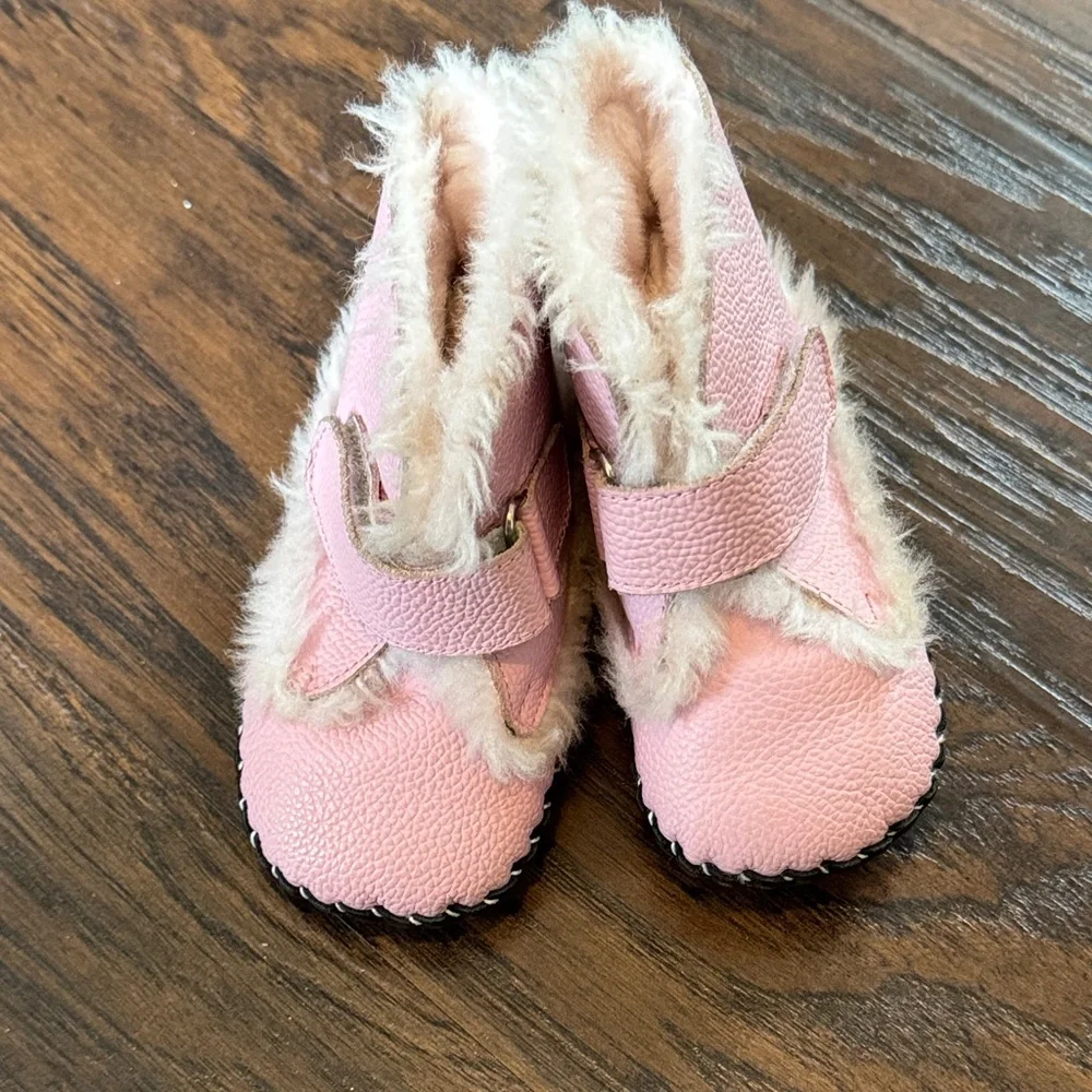 pediped Pink Faux-Fur Walker Booties with Black Soles
